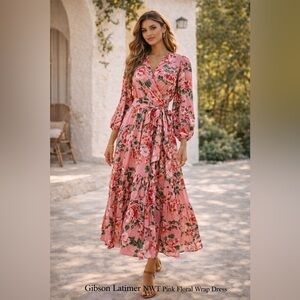 Gibson Latimer NWT Pink Floral Wrap Midi Dress Tiered Romantic Size Large 🌸